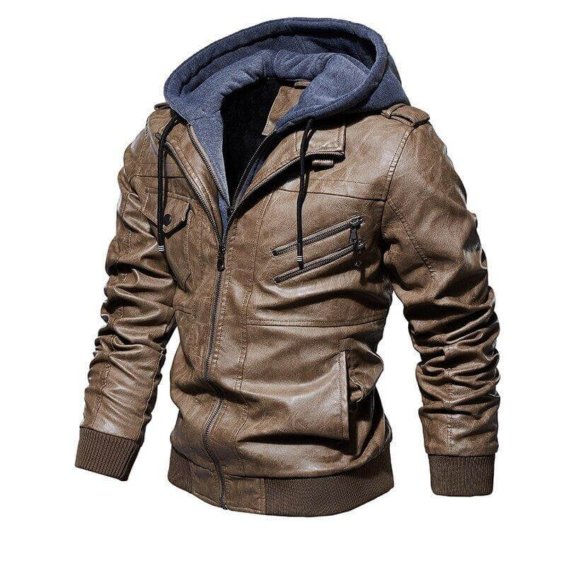 Men's 100% Genuine Leather Jacket with Removable Hood