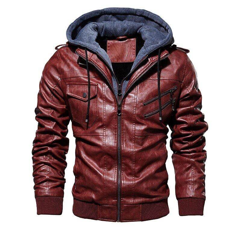 Men's 100% Genuine Leather Jacket with Removable Hood
