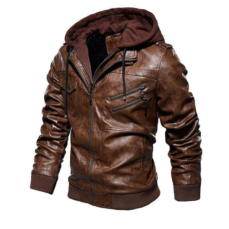 Men's 100% Genuine Leather Jacket with Removable Hood